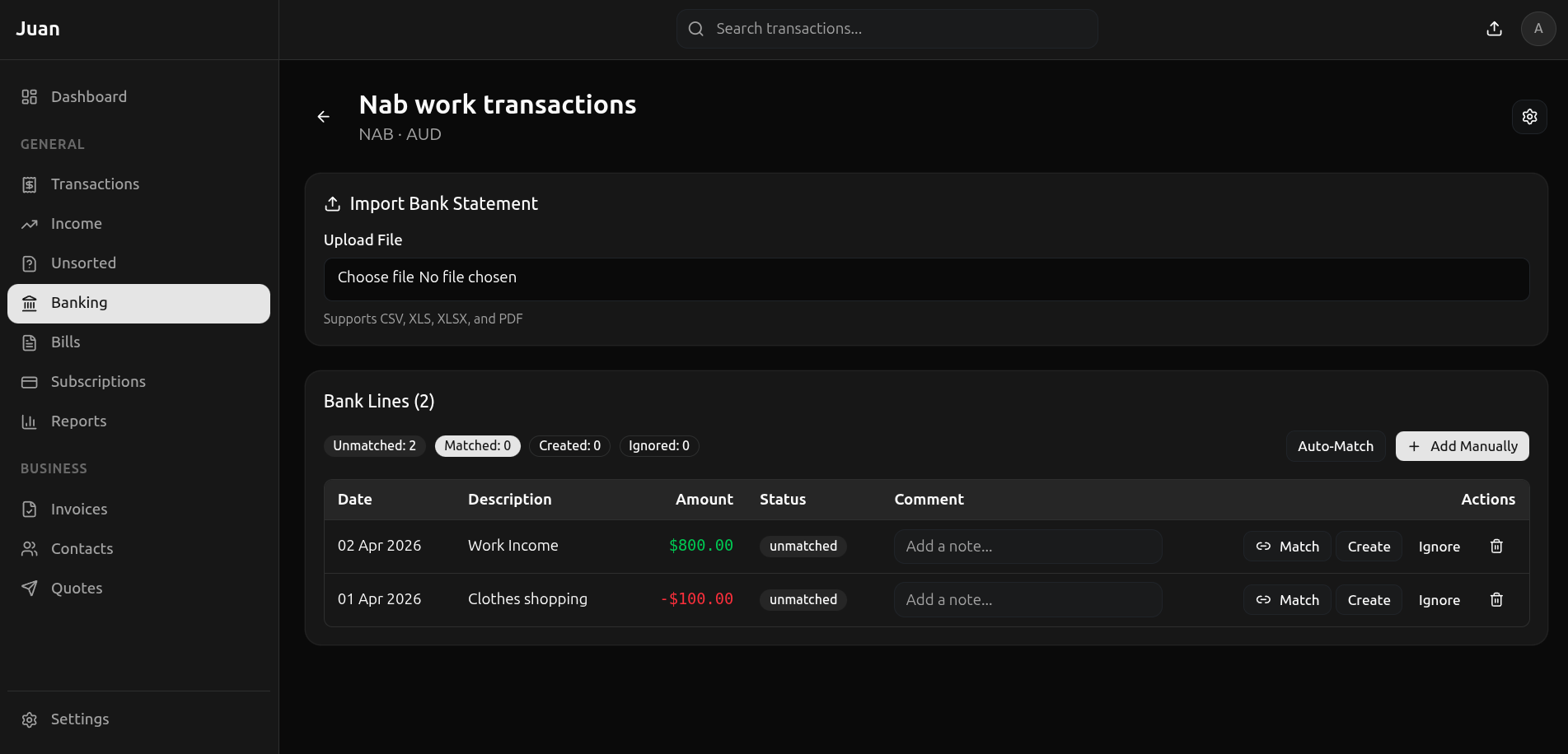Bank Reconciliation — import statements and match instantly