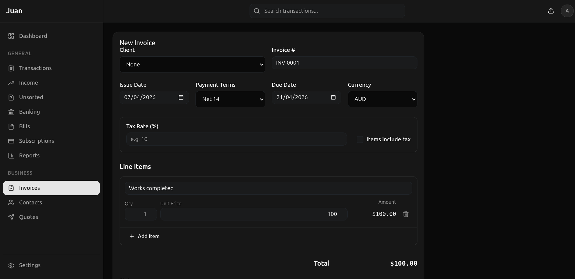 Invoices — professional, auto-numbered, tax-ready