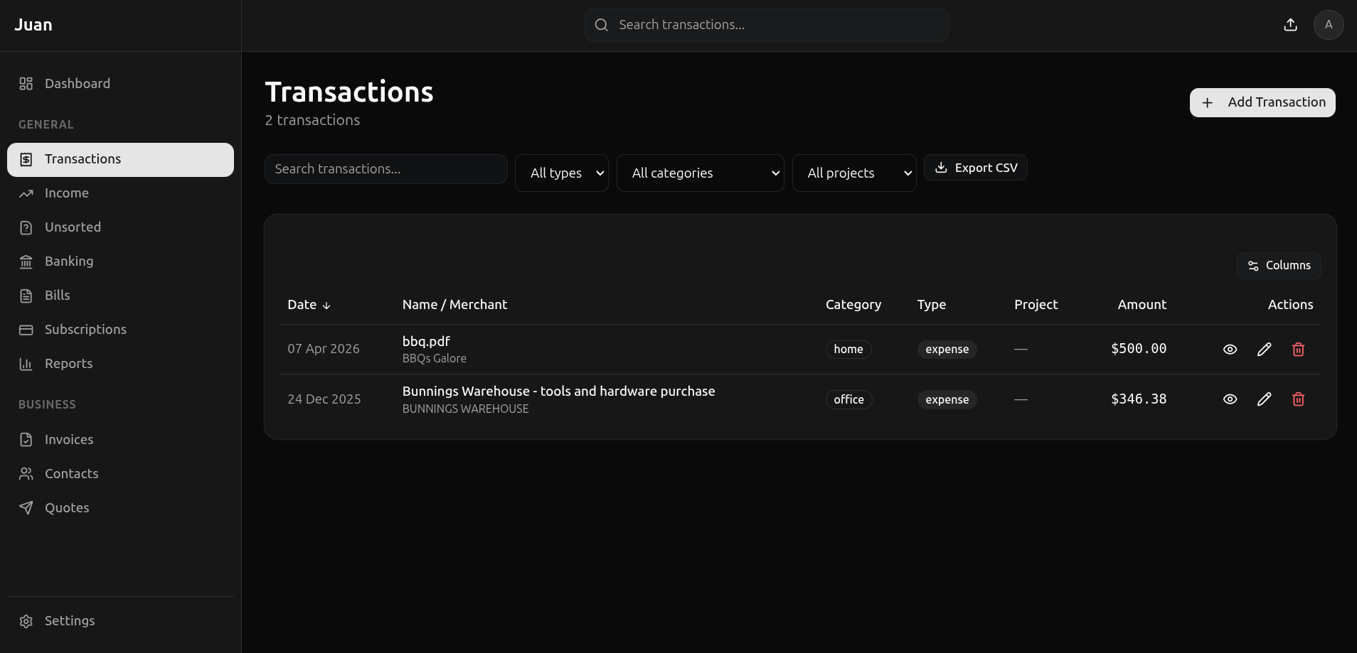 Transactions — every dollar tracked and categorized